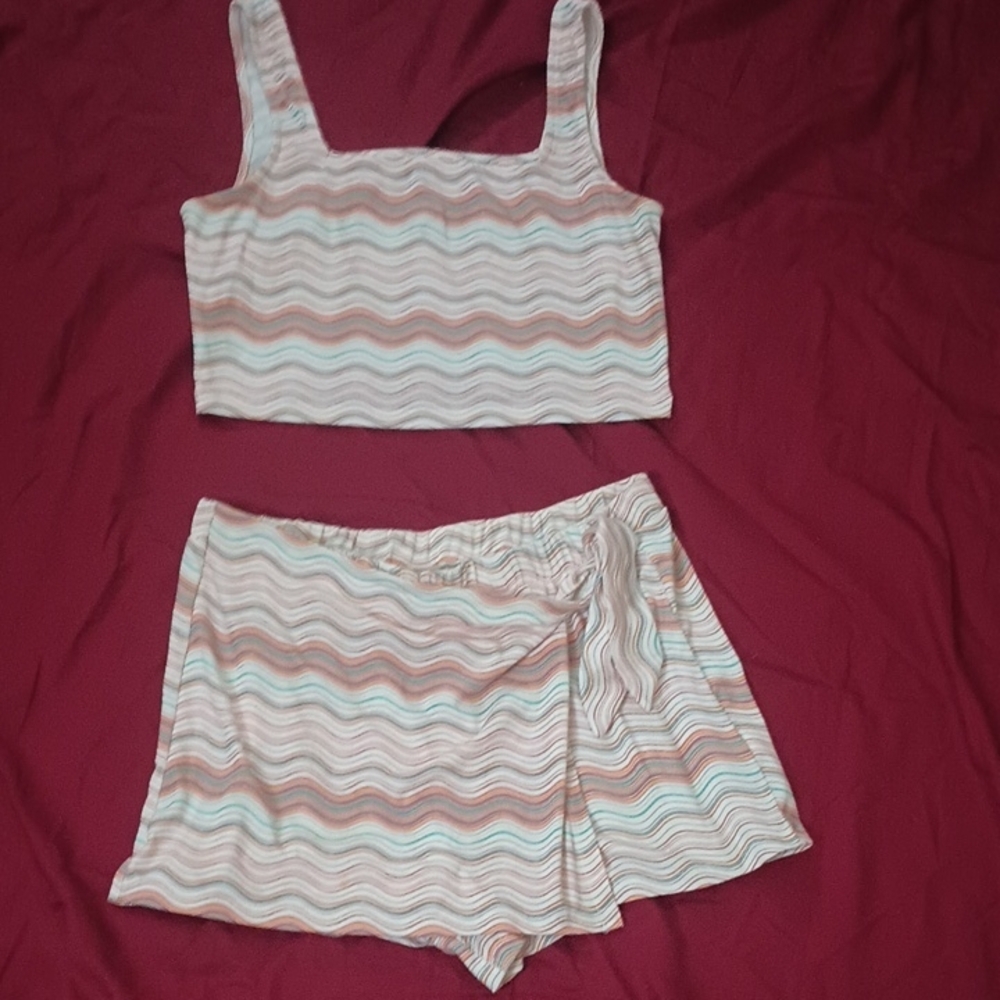 SO Peach And Blue Pattern 2 Piece Matching Skort Set Woman's L Summer Tie Waist